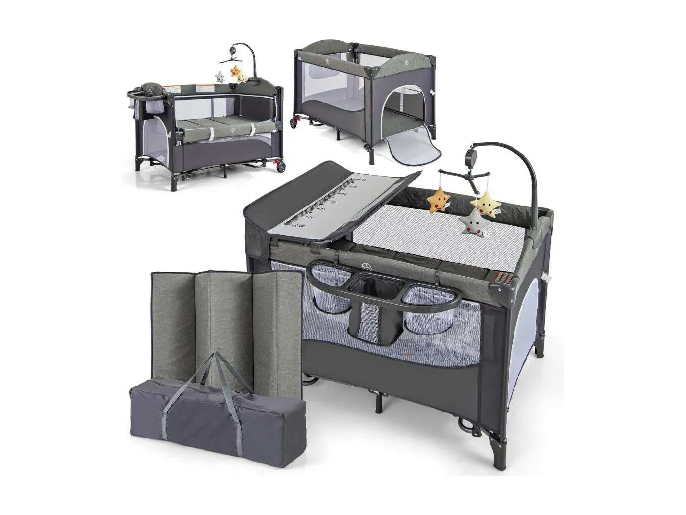 5 in 1 Babybett, Reisebett Baby mit Matratze, Beistellbett höhenverstellbar mit Wickeltisch, Sicherheitsgurt, Spieluhr & Hängespielzeug, Stubenwagen Babywiege mit Rollen für Kleinkinder, Blau NQ32228PQ