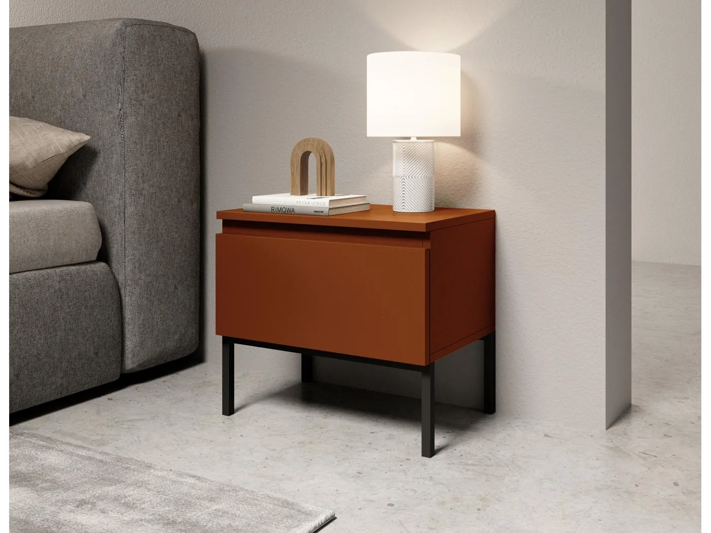 Nachttisch, Ziegelrot mit Metallbeinen - Bemmi