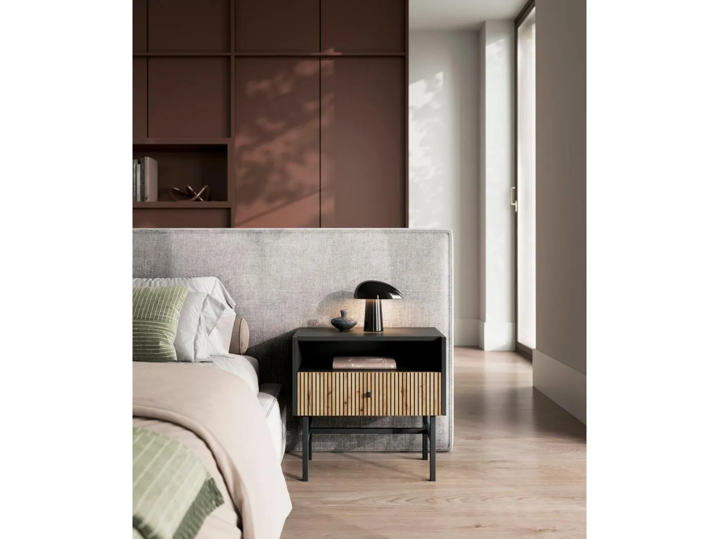 Nachttisch mit Schublade - Schwarz / Holzoptik Eiche - 54 cm - DIVENOS