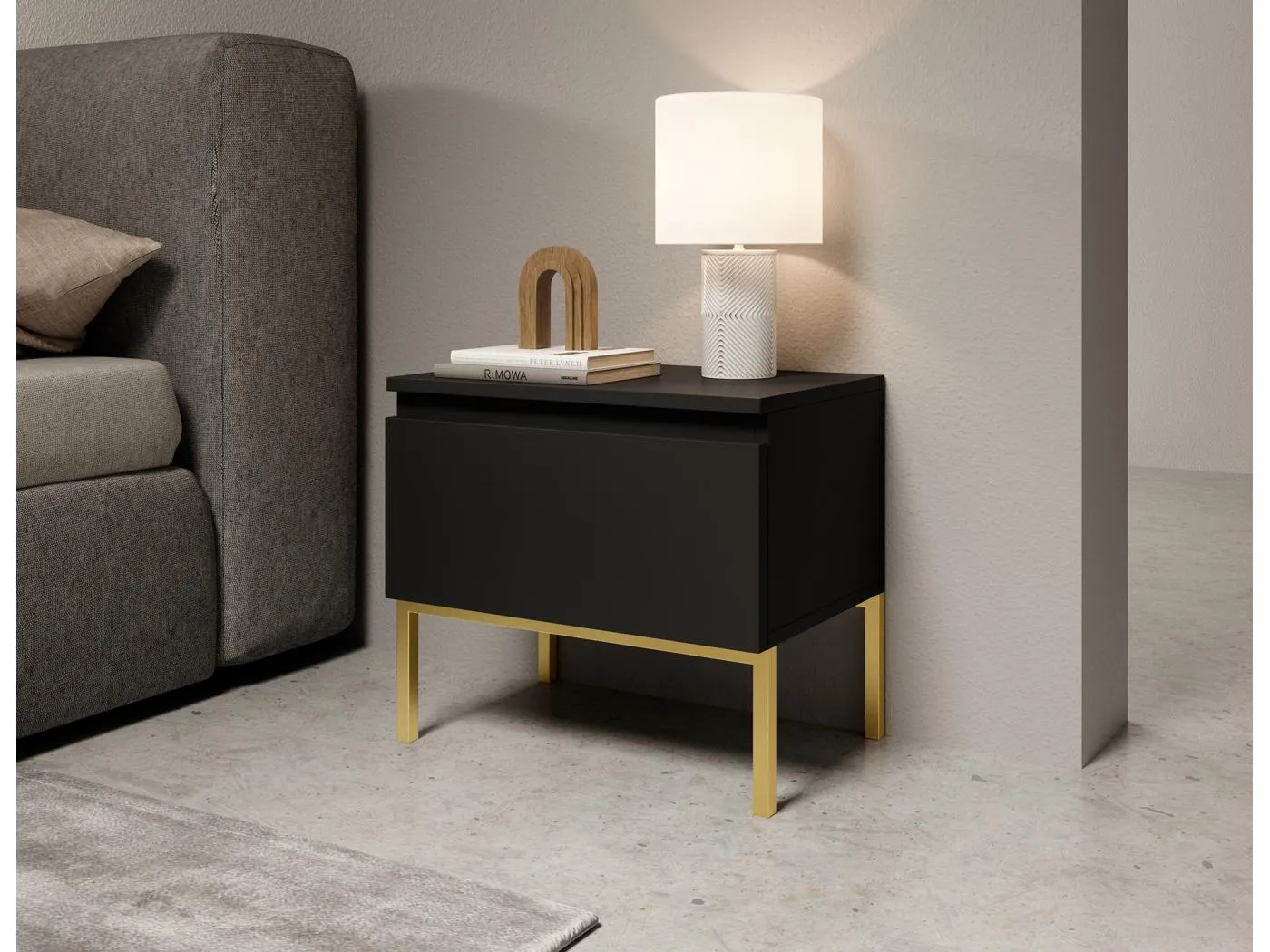 Nachttisch - Schwarz mit goldenem Metallgestell - BEMMI