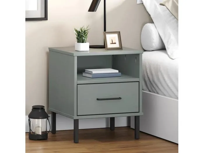 Nachttisch OSLO mit Metallbeinen Grau Massivholz Kiefer