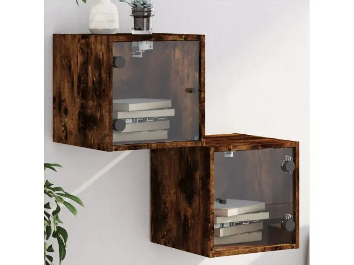 Nachttische mit Glastüren 2 Stk. Räuchereiche 35x37x35 cm