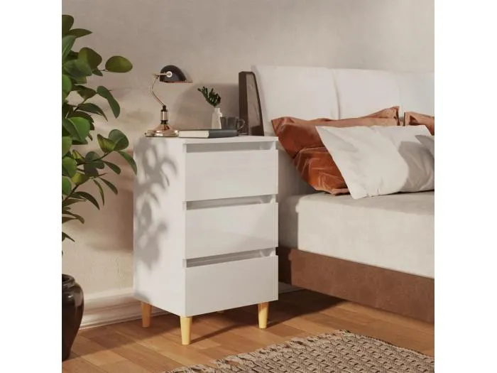 Nachttisch mit Massivholz-Beinen Hochglanz-Weiß 40x35x69 cm