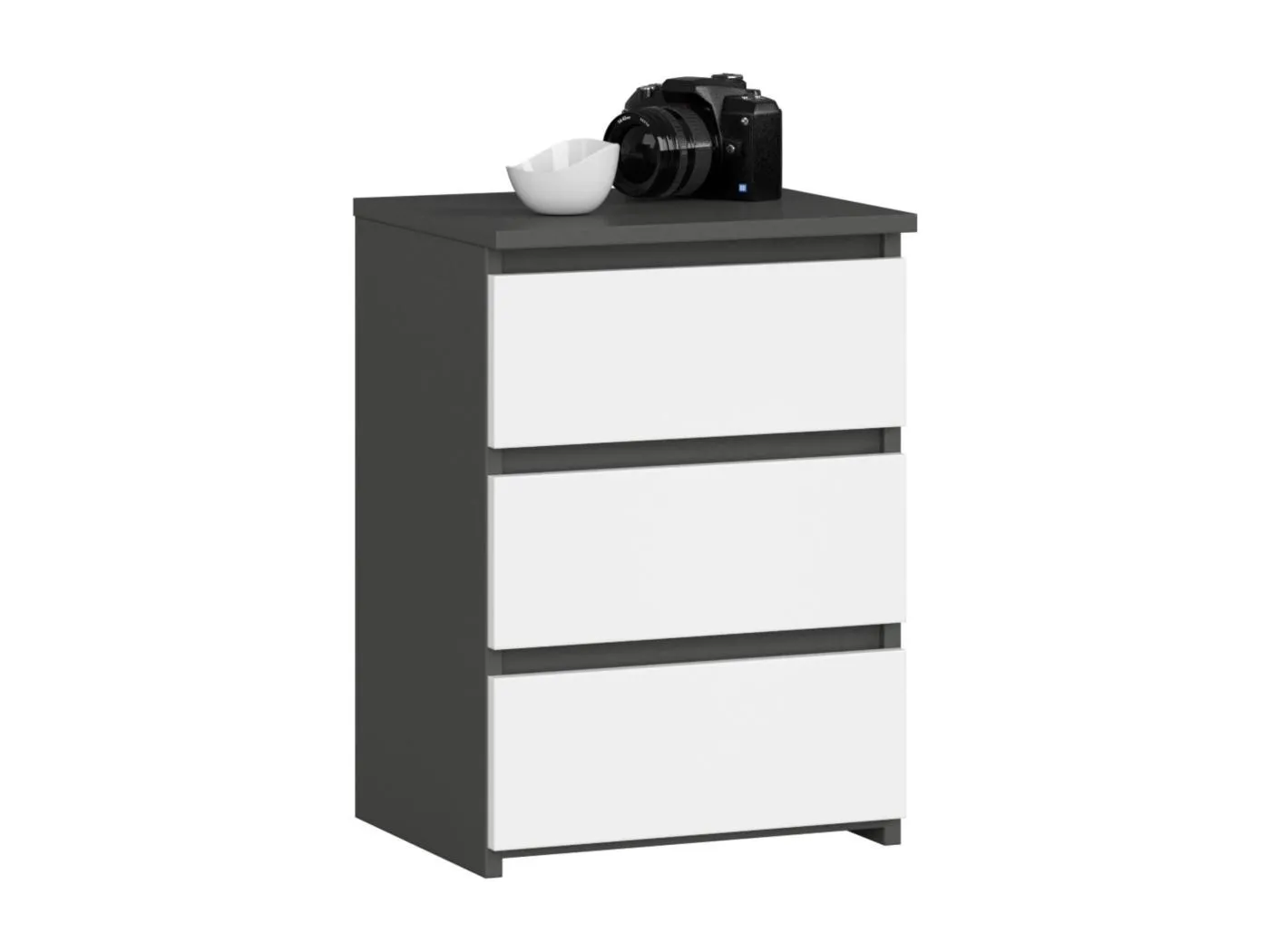 Nachttisch in minimalistischer Optik AKORD CL3 in der Farbe Graphitgrau mit 3 Schubladen Front Weiß B40 x H57 x T35 cm
