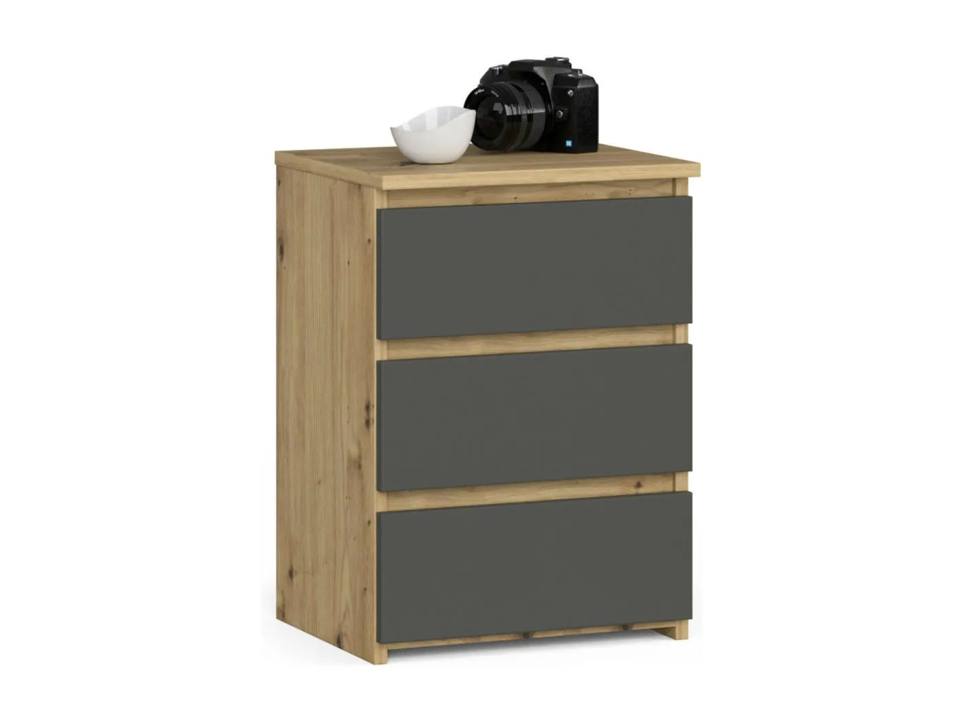 Nachttisch in minimalistischer Optik AKORD CL3 in der Farbe Eiche Artisan mit 3 Schubladen Front Graphitgrau B40 x H57 x T35 cm