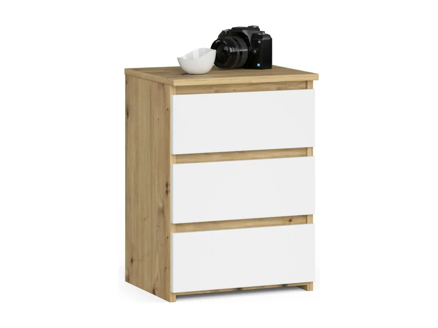 Nachttisch in minimalistischer Optik AKORD CL3 in der Farbe Eiche Artisan mit 3 Schubladen Front Weiß B40 x H57 x T35 cm