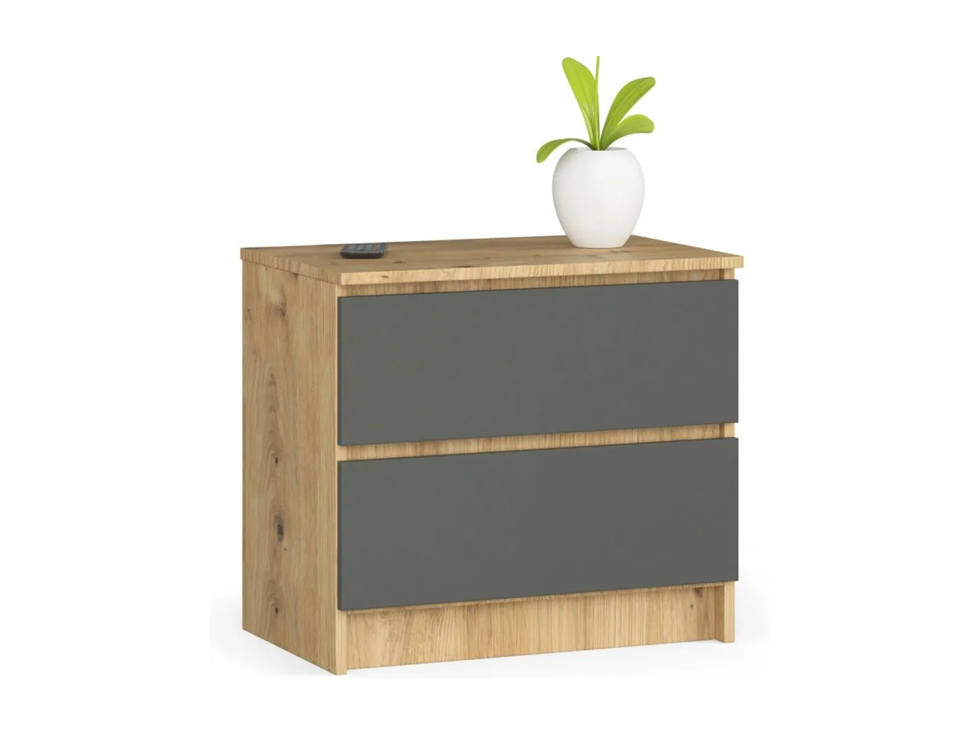 Nachttisch in minimalistischer Optik AKORD K60 in der Farbe Eiche Artisan mit 2 Schubladen Front Graphitgrau B60 x H55 x T40 cm