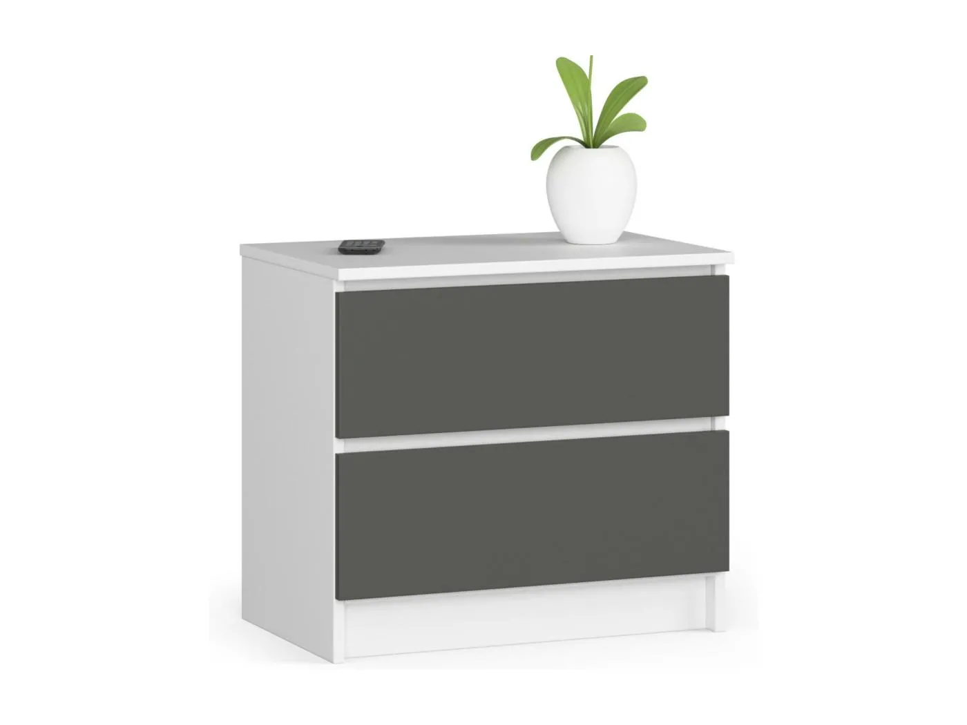 Nachttisch in minimalistischer Optik AKORD K60 in der Farbe Weiß mit 2 Schubladen Front Graphitgrau B60 x H55 x T40 cm