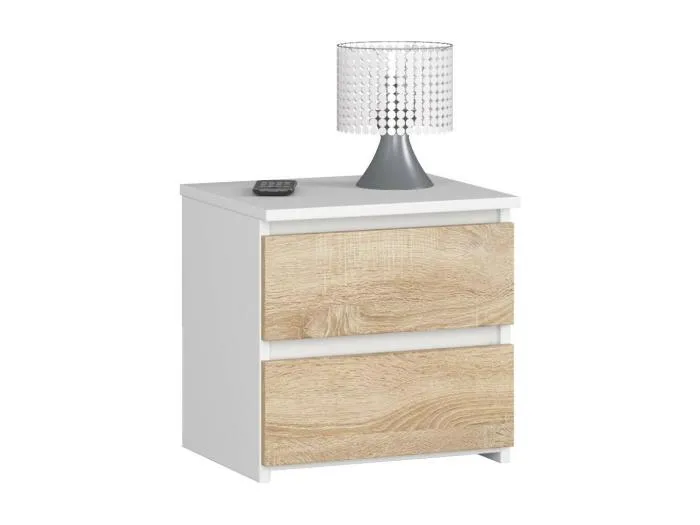 Nachttisch in minimalistischer Optik AKORD CL2 in der Farbe Weiß mit 2 Schubladen Front Sonoma-Eiche B40 x H40 x T35 cm
