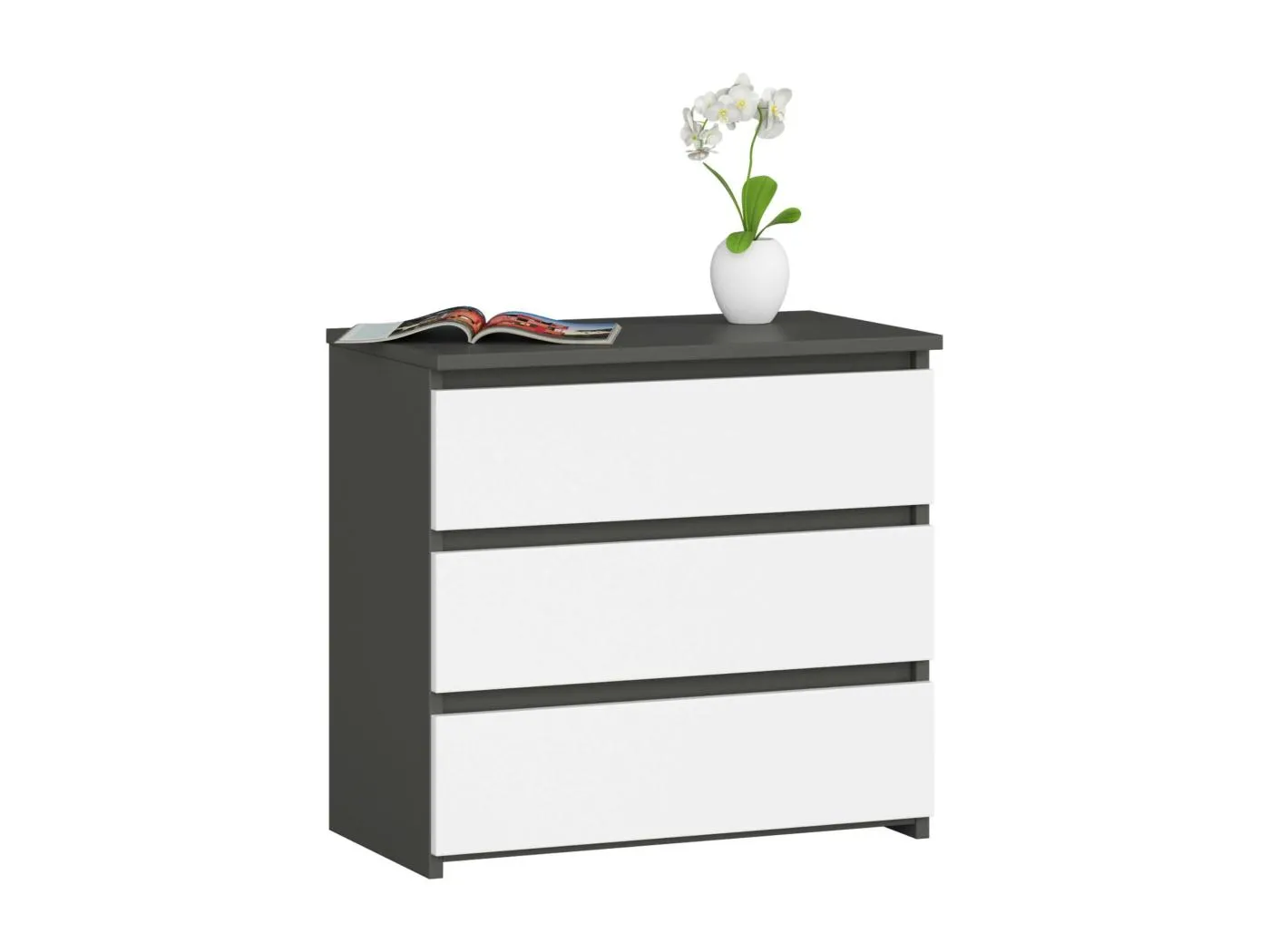 Nachttisch in minimalistischer Optik AKORD CL3 in der Farbe Graphitgrau mit 3 Schubladen Front Weiß B60 x H57 x T35 cm