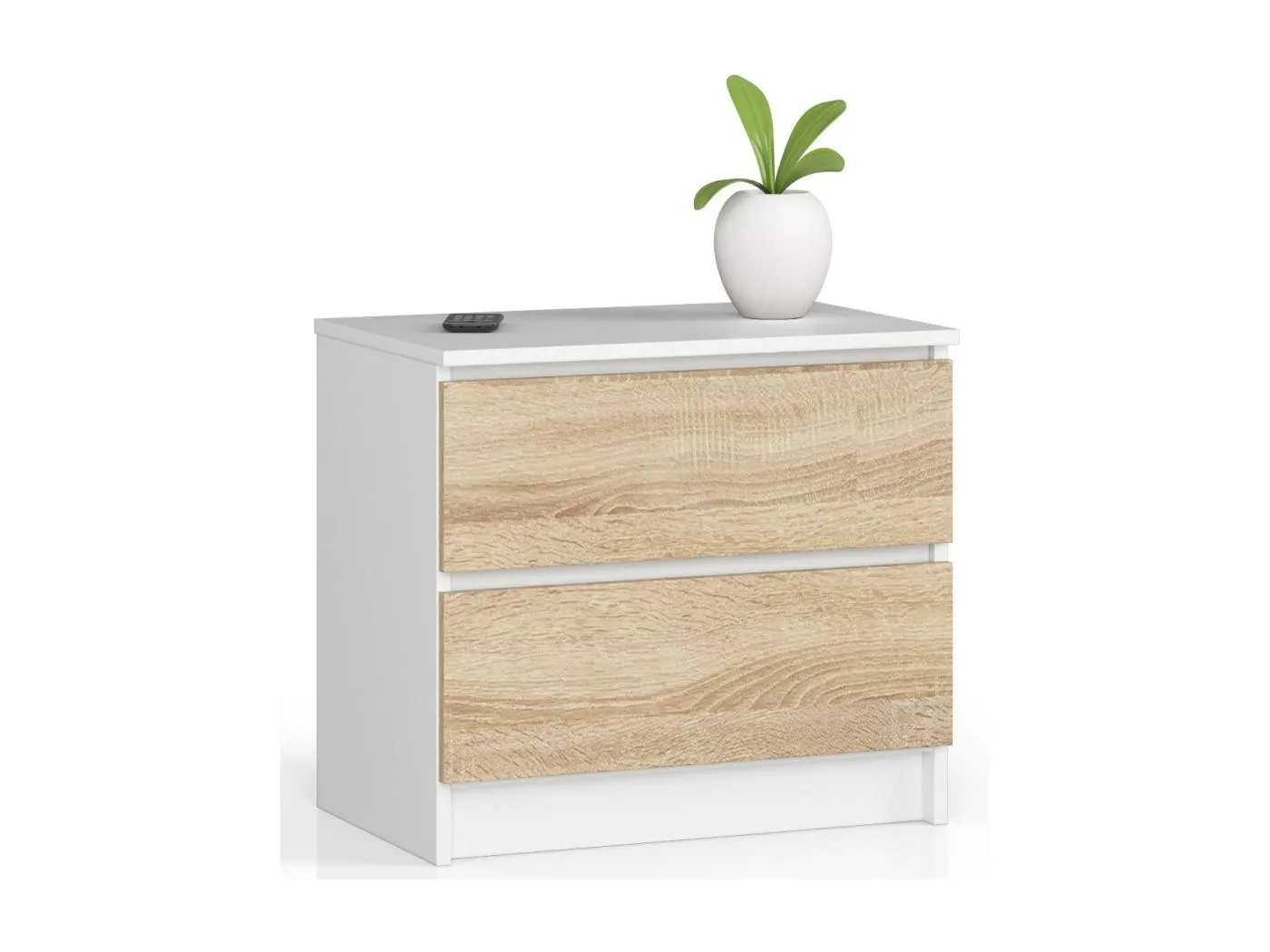 Nachttisch in minimalistischer Optik AKORD K60 in der Farbe Weiß mit 2 Schubladen Front Sonoma-Eiche B60 x H55 x T40 cm