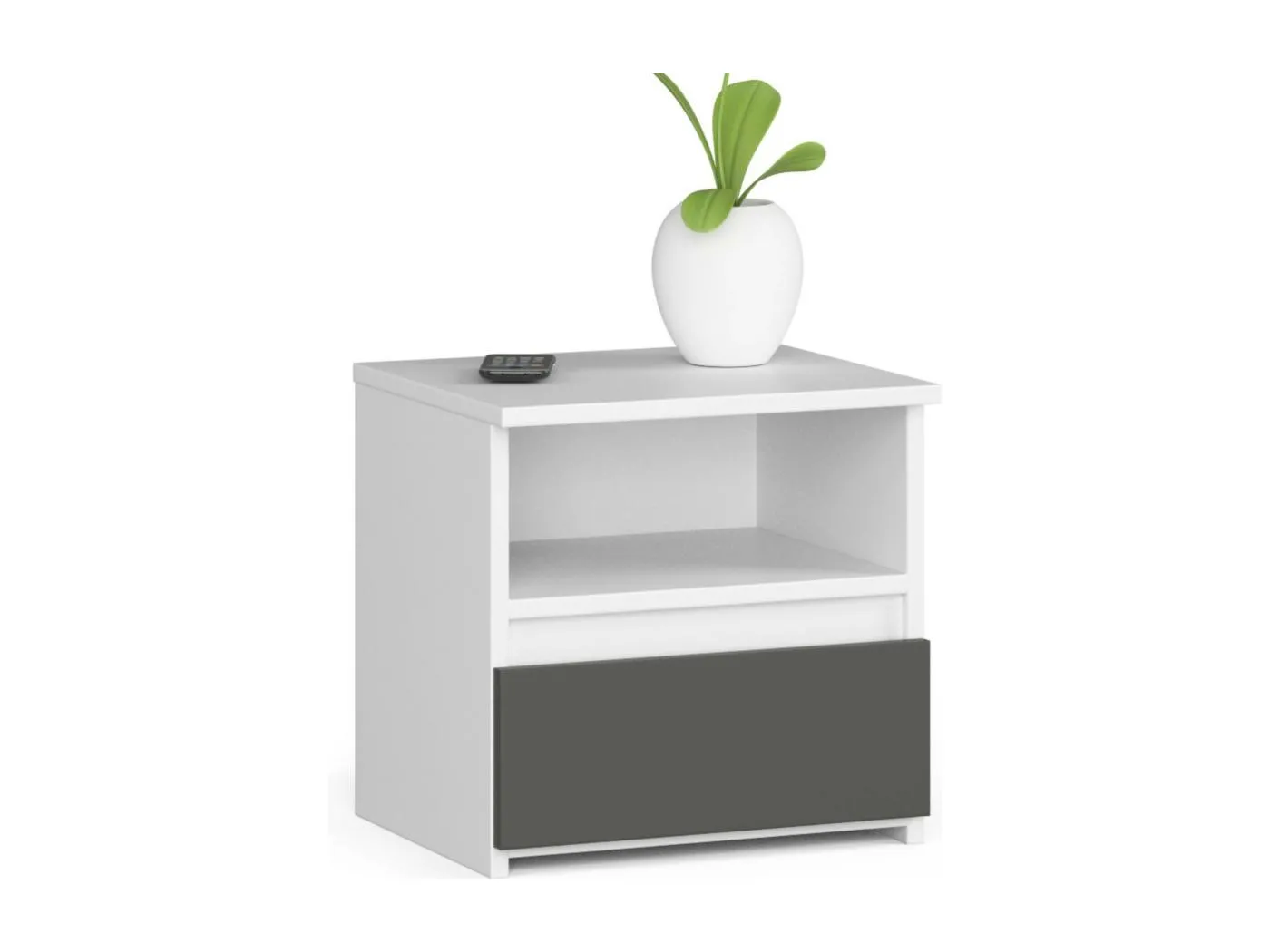 Nachttisch in minimalistischer Optik AKORD CL1 in der Farbe Weiß Schublade Front Graphitgrau B40 x H40 x T35 cm