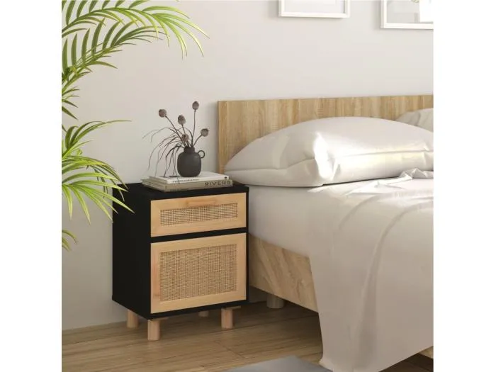 Nachttisch Schwarz Massivholz Kiefer und Natur-Rattan