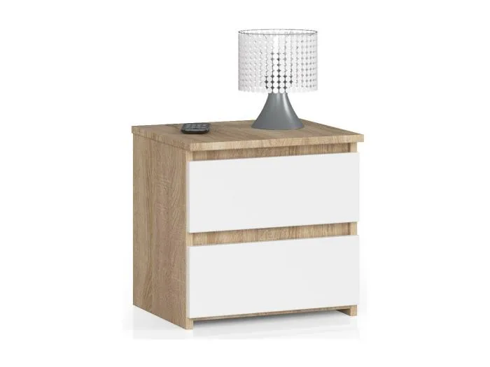 Nachttisch in minimalistischer Optik AKORD CL2 in der Farbe Sonoma-Eiche mit 2 Schubladen Front Weiß B40 x H40 x T35 cm