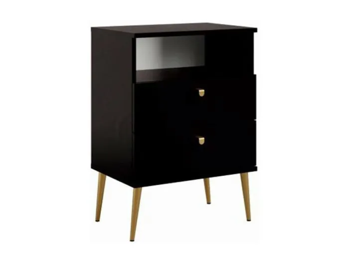 Nachttisch AURORA – 2 Schubladen + Fach – Schwarz und goldene Beine