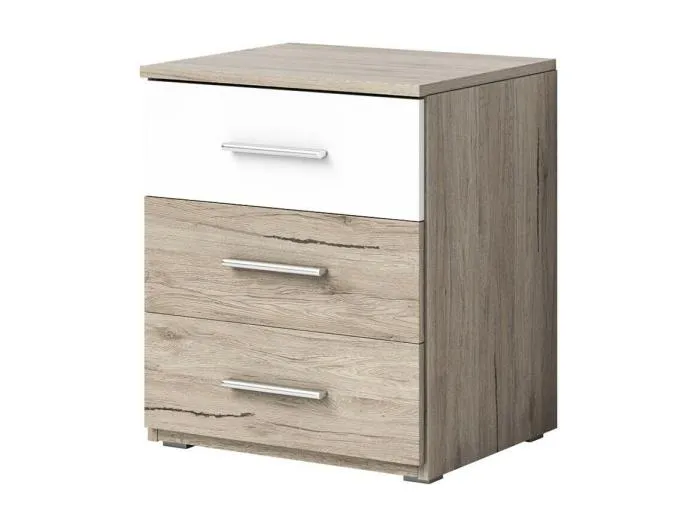 Nachttisch mit drei Schubladen, Kollektion EOS. Farbe: helles Eichenholz und weiß.