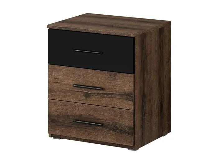 Nachttisch mit drei Schubladen, Kollektion EOS. Farbe dunkle Eiche und Schwarz.