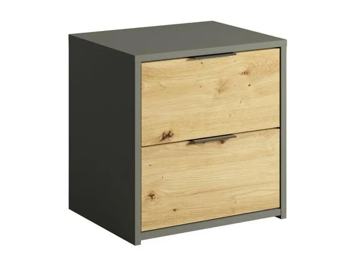 Set von zwei Design-Nachttischen mit zwei Schubladen aus der IZO-Kollektion. Farben Anthrazitgrau und Eiche.