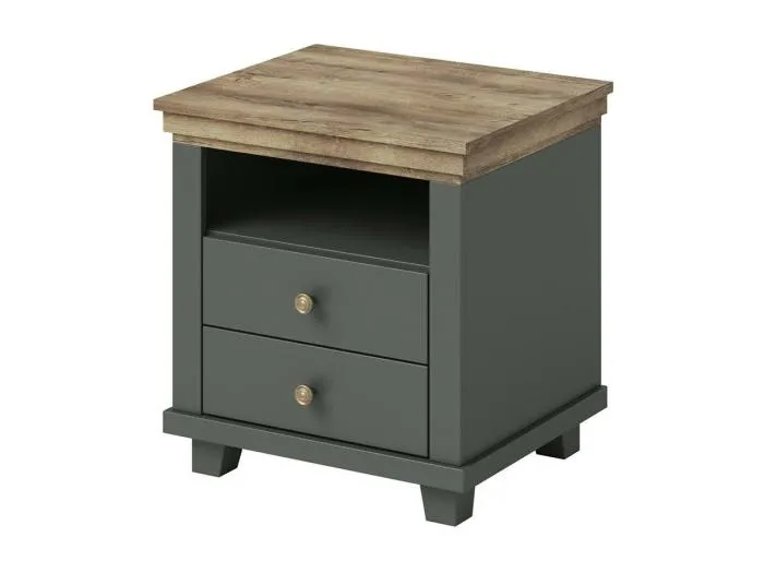 Nachttisch mit zwei Schubladen und einem Fach, Farbe Khakigrün und Eiche. Kollektion ASSIA