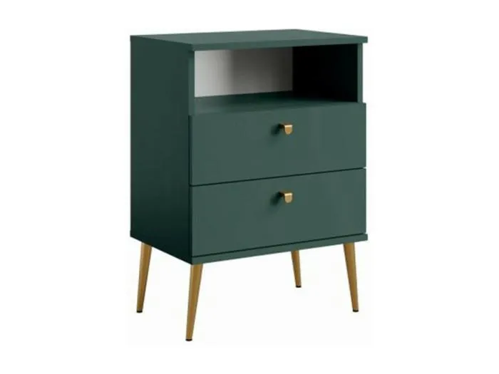Nachttisch mit 2 Schubladen und Ablagefach - grün mit goldenen Metallfüßen - Kollektion Aurora
