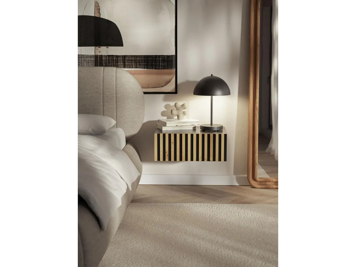 Hängender Nachttisch - Schublade & Lamellenfront - 50 cm - Schwarz/Eiche - TELIRE