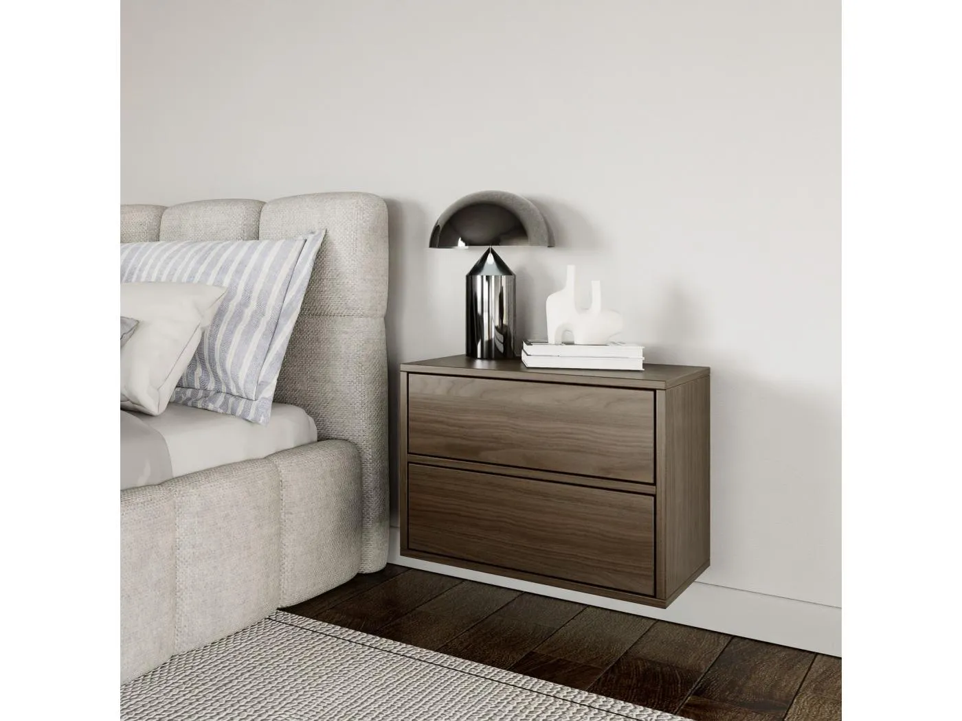 Nachttisch hängend – mit 2 Schubladen – Holzoptik Walnuss – 50 cm – FRAMME