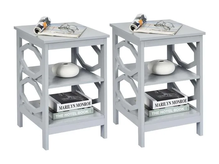 2er Set Nachttisch OO-förmiger Beistelltisch mit 3 Ebenen Couchtisch 40 x 40 x 61 cm Grau