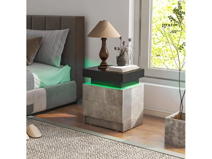 Nachttisch mit LED-Leuchten & 2 Schubladen & Fernbedienung Nachtschrank 45 x 35 x 52cm Grau