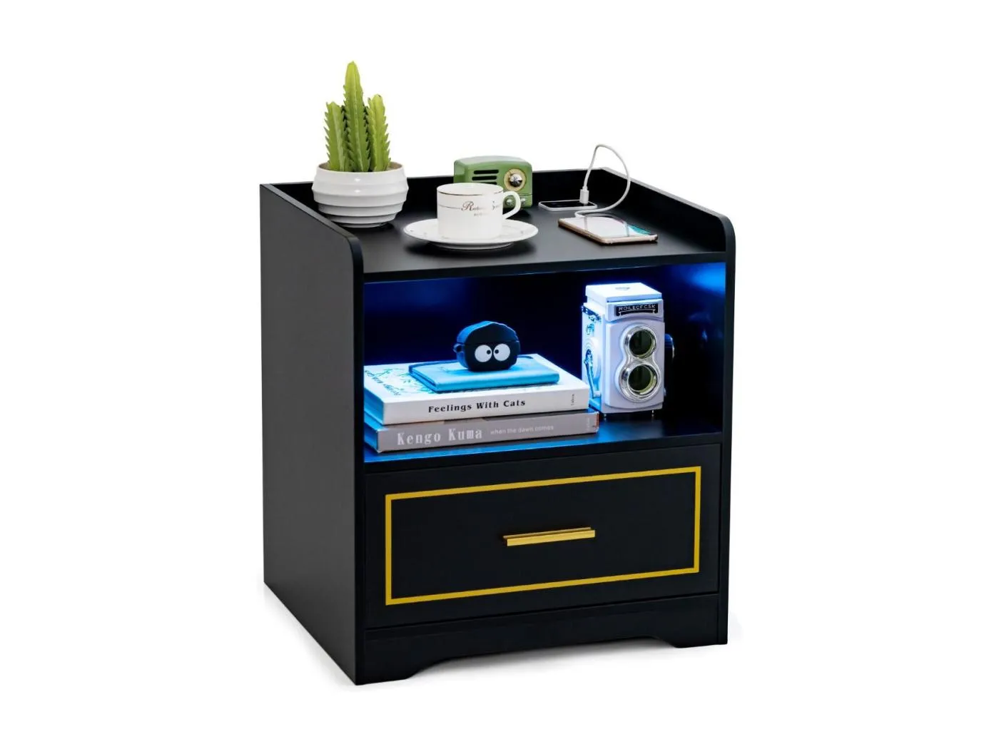 Nachttisch mit LED Licht USB-Anschluss und Typ-C-Ladestation Nachtschrank mit Bewegungssensor Schwarz