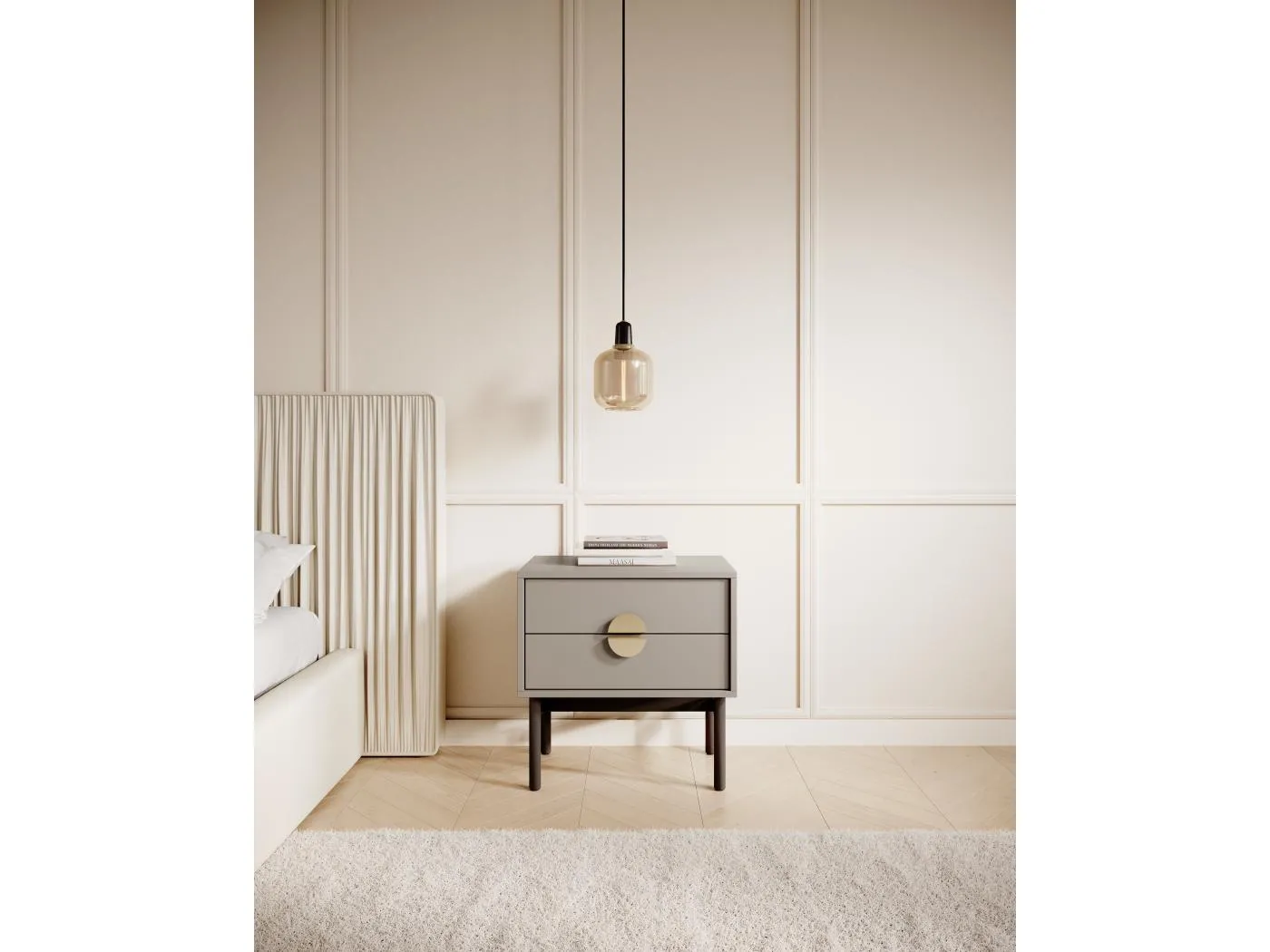 Nachttisch mit 2 Schubladen - 55 cm - Steingrau mit schwarzem Metallgestell - STOON