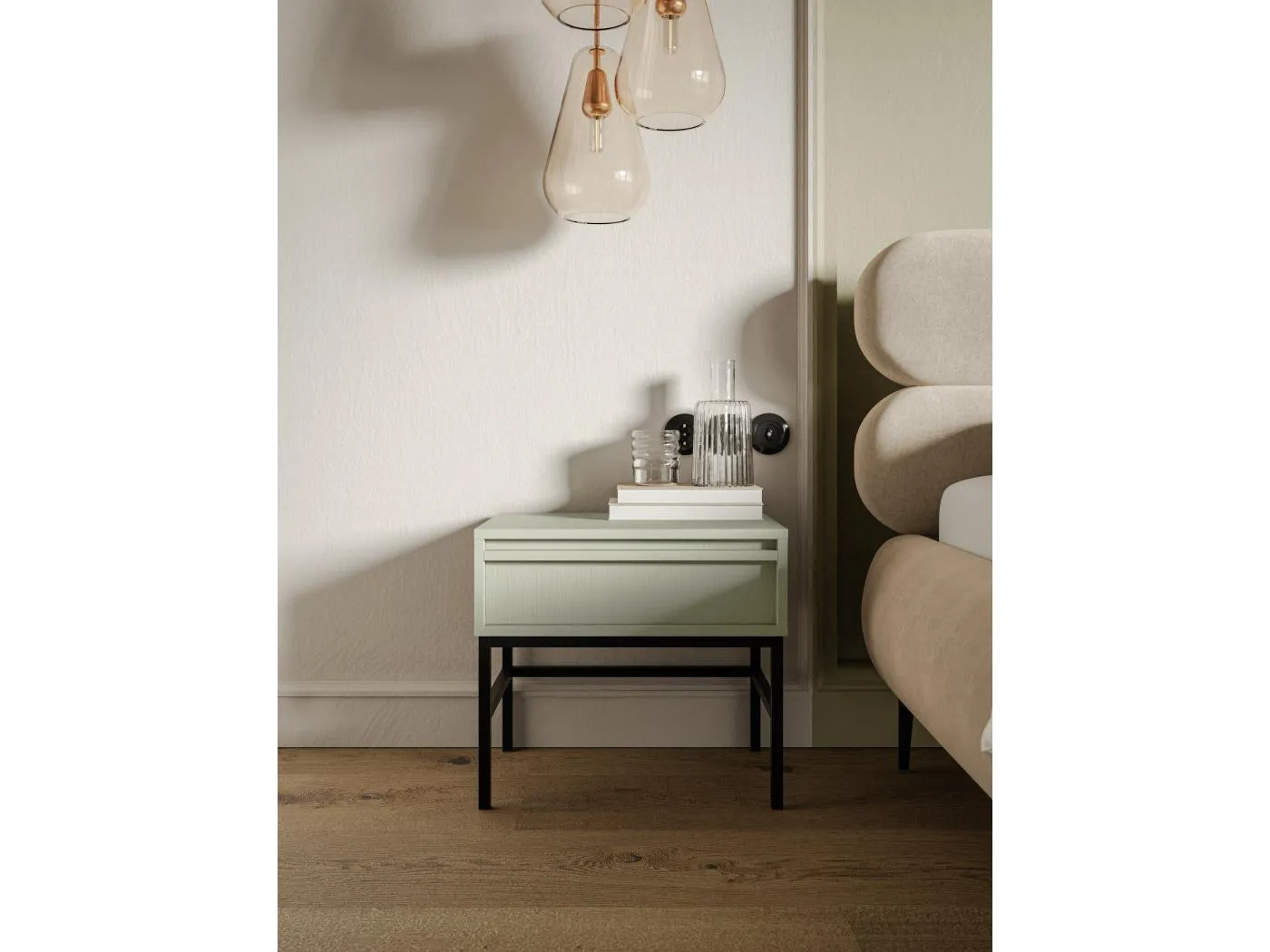 Nachttisch mit Schublade und Metallgestell, Salbeigrün, 50 cm - EVO