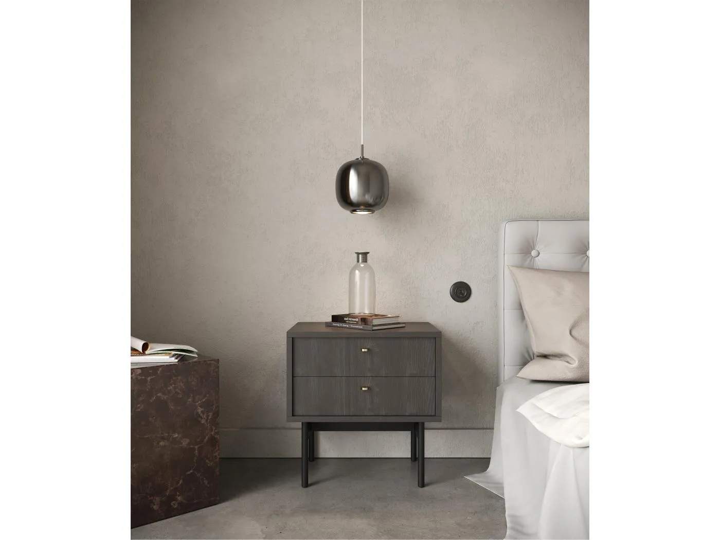 Nachttisch mit 2 Schubladen - Holzoptik Esche Portland Schwarz - 55 cm - OLAR