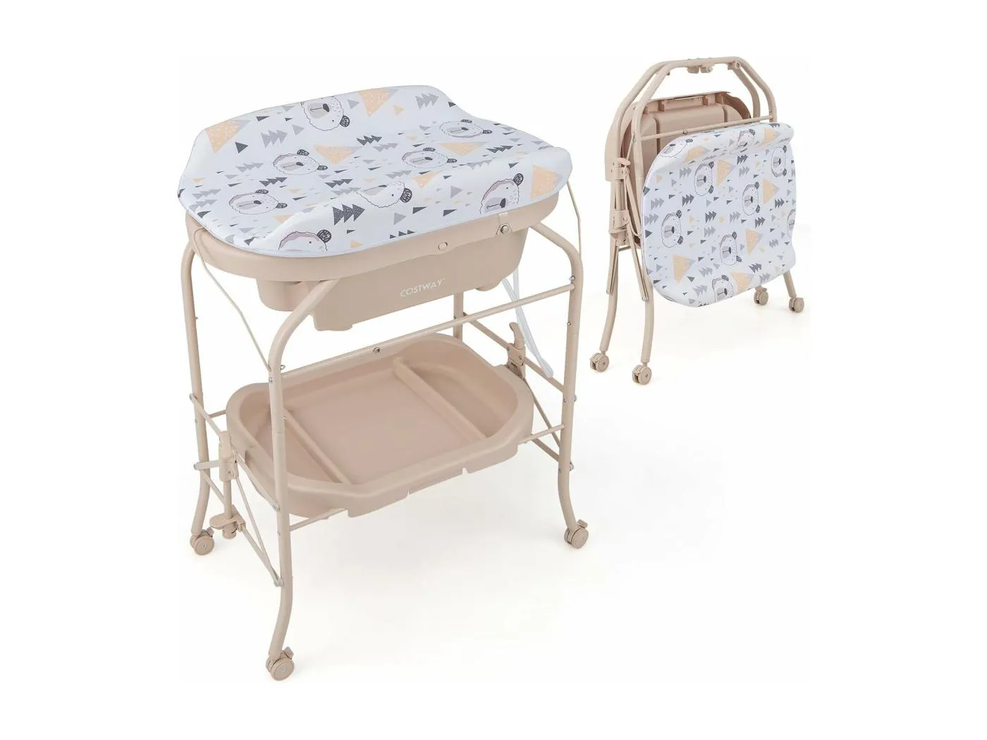 4 in 1 Wickeltisch mit Badewanne, tragbare Wickelkommode mit PVC-Auflage & Abflussrohre, mobile Wickelstation klappbar mit Universalrädern für 0-12 Monate Baby, bis 35 kg belastbar (Beige) MO32233QG