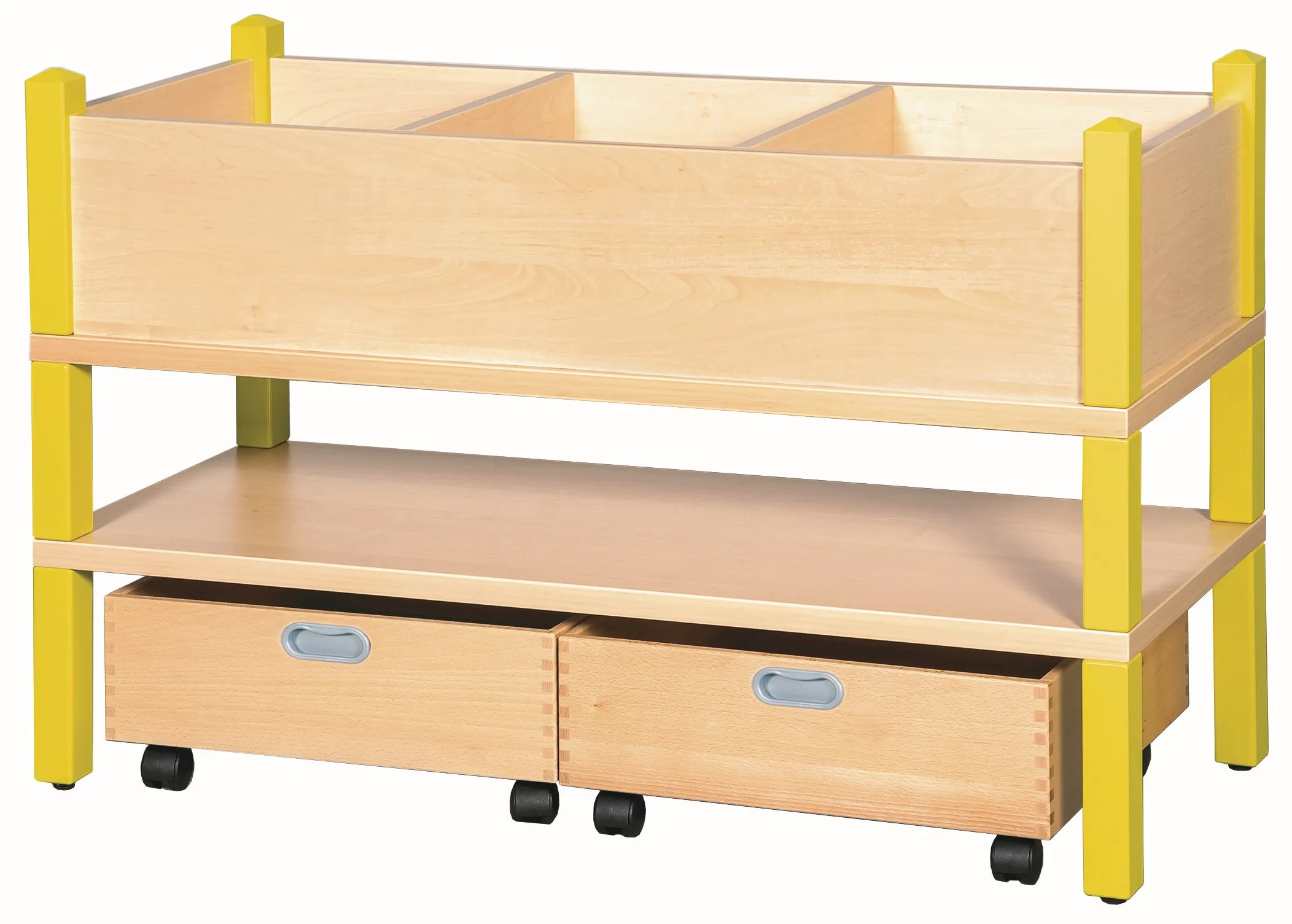 Bücher- und Spielregal mit Rollkästen