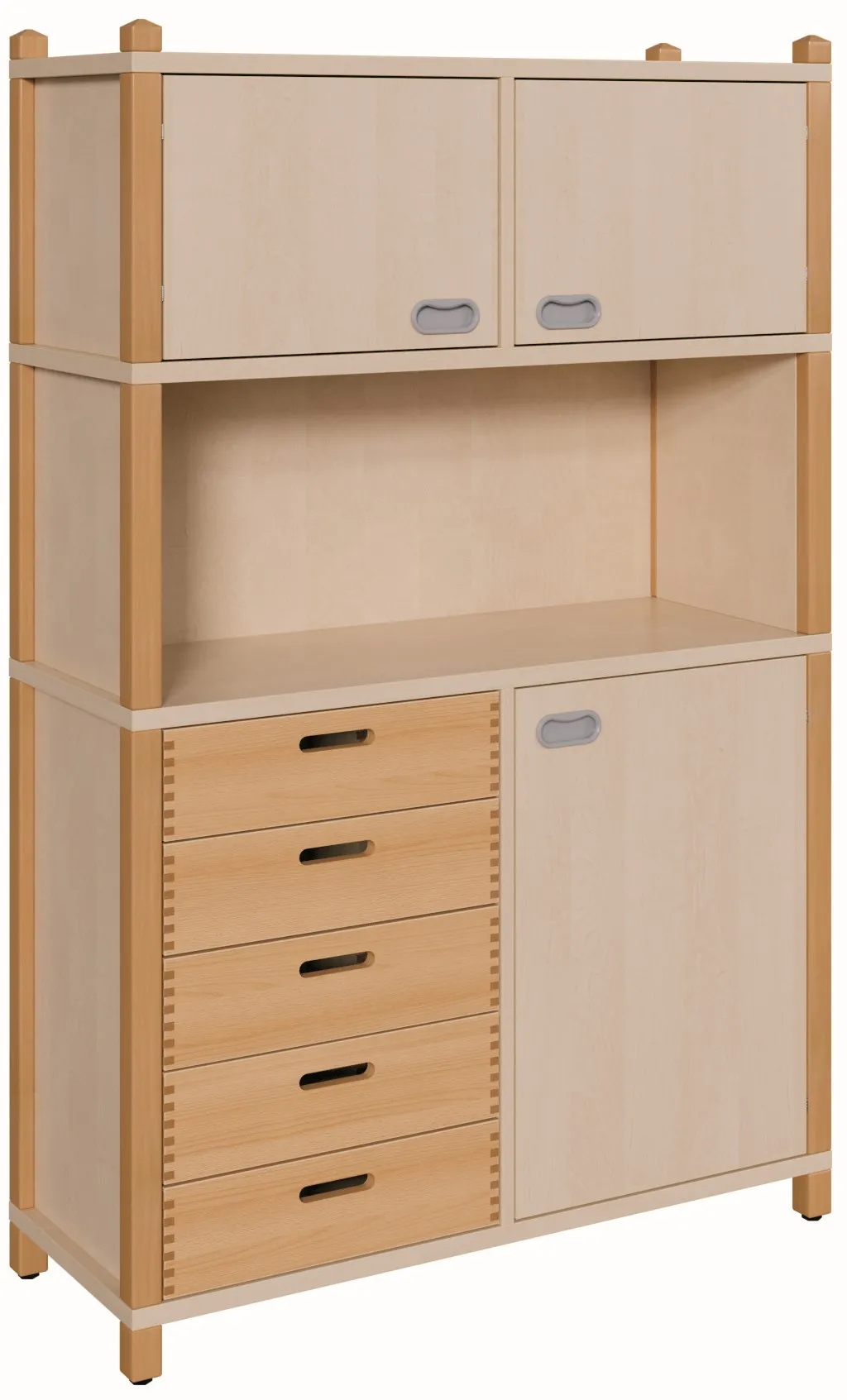 Stollenkommode mit Massivholzschüben, Tür und Schrankaufsatz