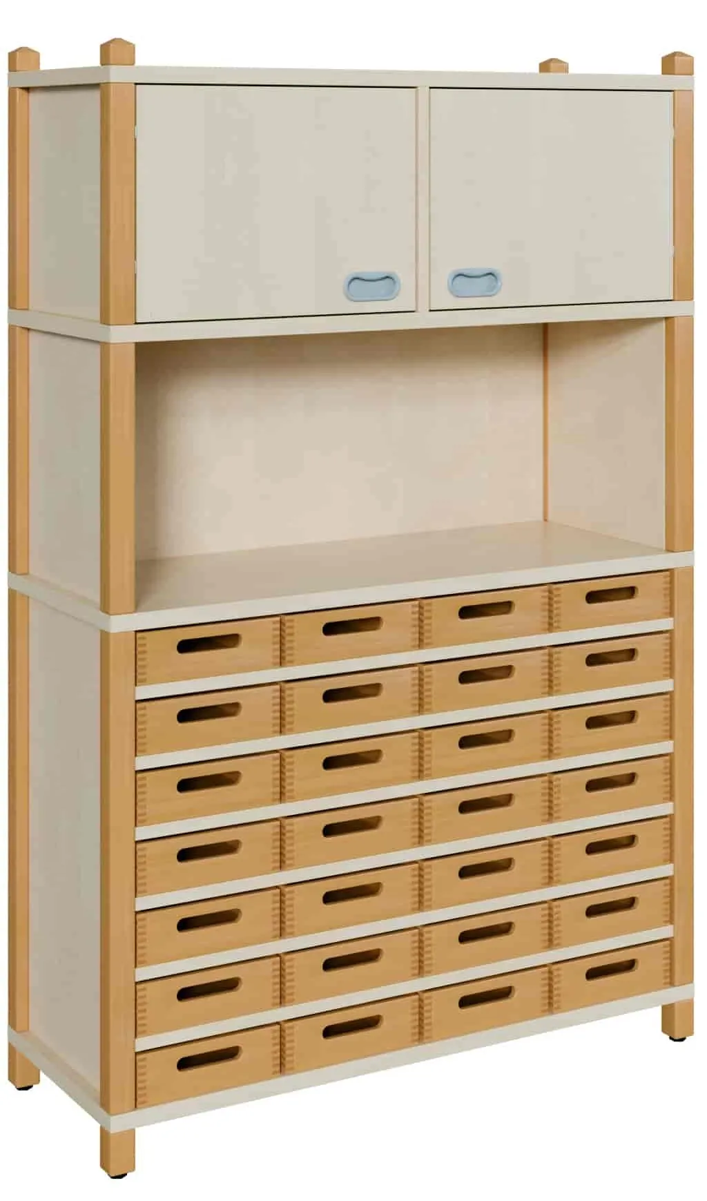 Stollenschrank mit 28 flachen Massivholzkästen & Oberschrank, Breite 106 cm