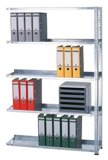 Schulte Büro-Fachbodenregal MULTIplus85 Schraubsystem mit Anschlagleiste | Anbauregal | Fachlast 85kg | HxBxT 180x130x30cm | 5 Ebenen | Einseitig nutzbar | Verzinkt