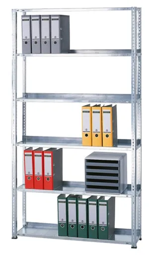 Schulte Büro-Fachbodenregal MULTIplus85 Schraubsystem mit Anschlagleiste | Grundregal | Fachlast 85kg | HxBxT 200x75x30cm | 6 Ebenen | Einseitig nutzbar | Verzinkt