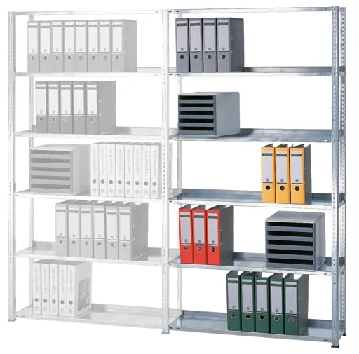 Schulte Büro-Fachbodenregal MULTIplus150 Schraubsystem ohne Mittelanschlag | Anbauregal | Fachlast 150kg | 200x75x60cm | 6 Ebenen | Beidseitig nutzbar | Verzinkt