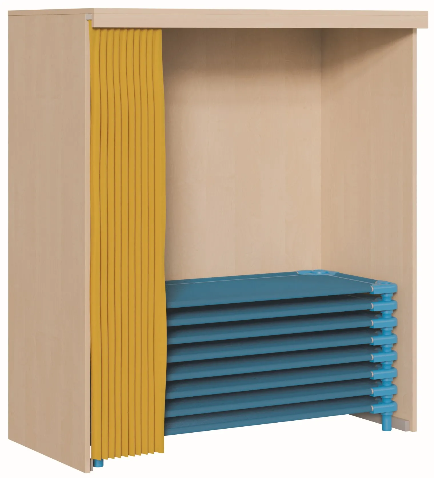 Regal für 20 Stapelliegen mit Vorhang