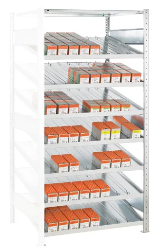 Schulte Kanbanregal MULTIplus150 | Anbauregal | HxBxT 200x130x80cm | 7 Ebenen | Fachlast 150kg | mit Trenn- und Seitenführungen | Verzinkten