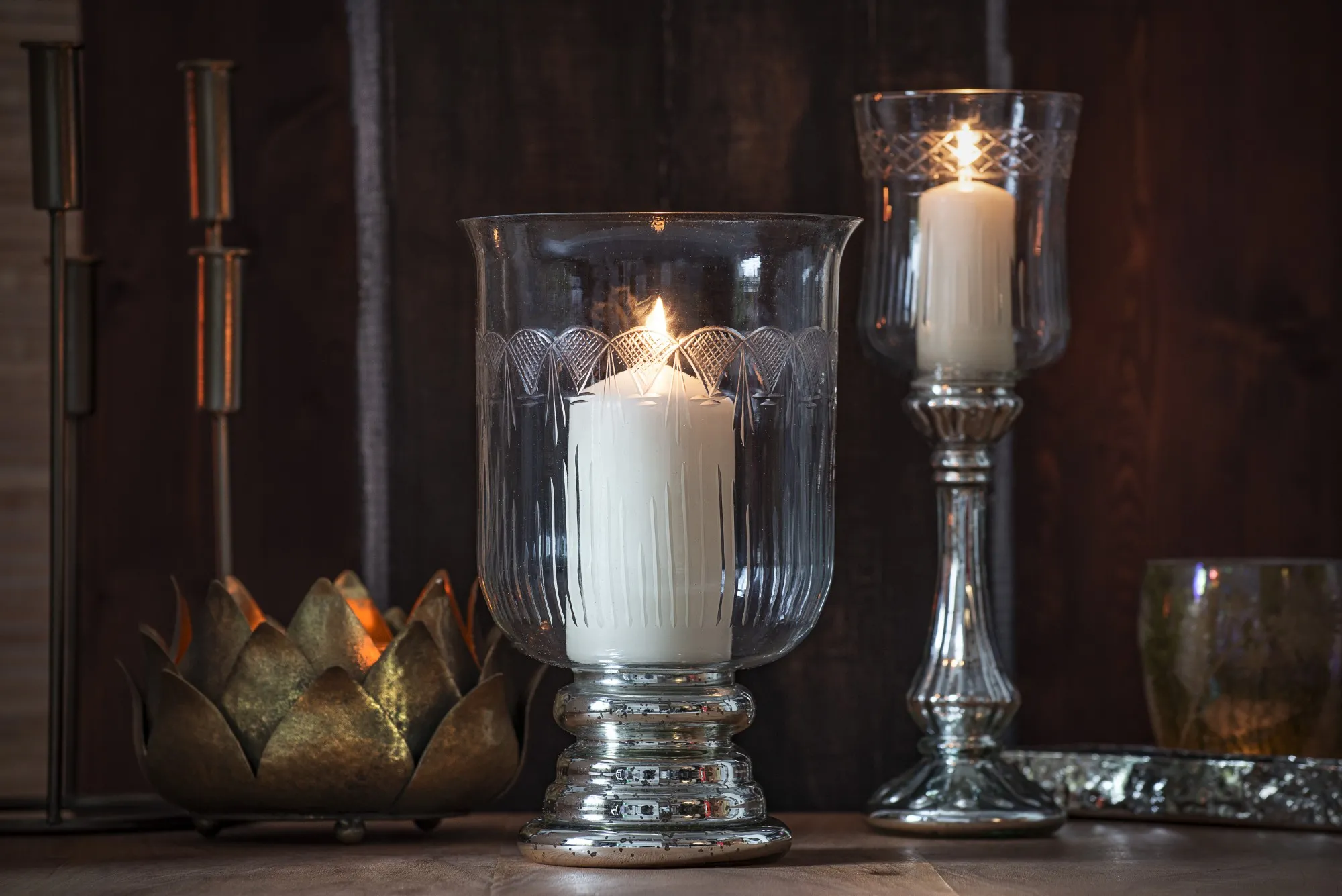 Windlicht 'Lorette', Glas, silbern, Ø 19 cm, H 30 cm