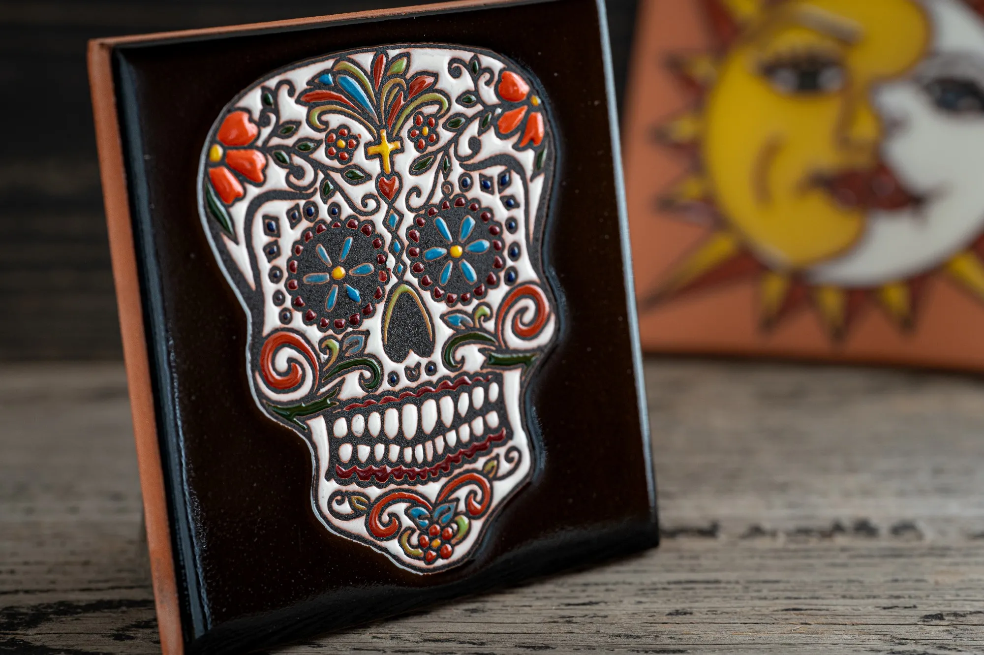 Reliefkachel 'Cráneo', schwarz, multicolor, T 10 cm, B 10 cm, H 0,5 cm