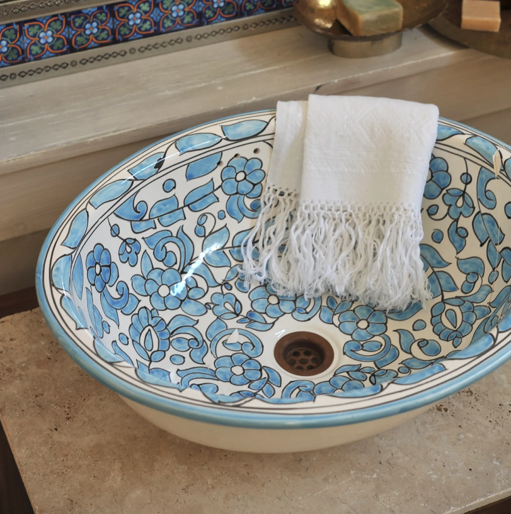 Keramikwaschbecken 'Ranke', blau, weiß, L 45 cm, B 37 cm, H 17 cm