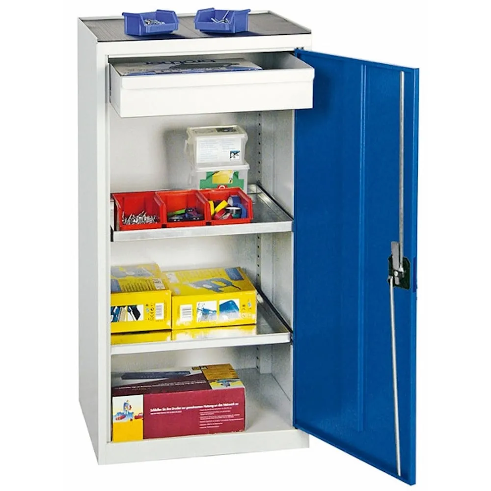 Werkzeugschrank mit 1 Tür | HxBxT 100x50x50cm | 1 Schublade & 2 verzinkte Fachböden | Lichtgrau/Enzianblau