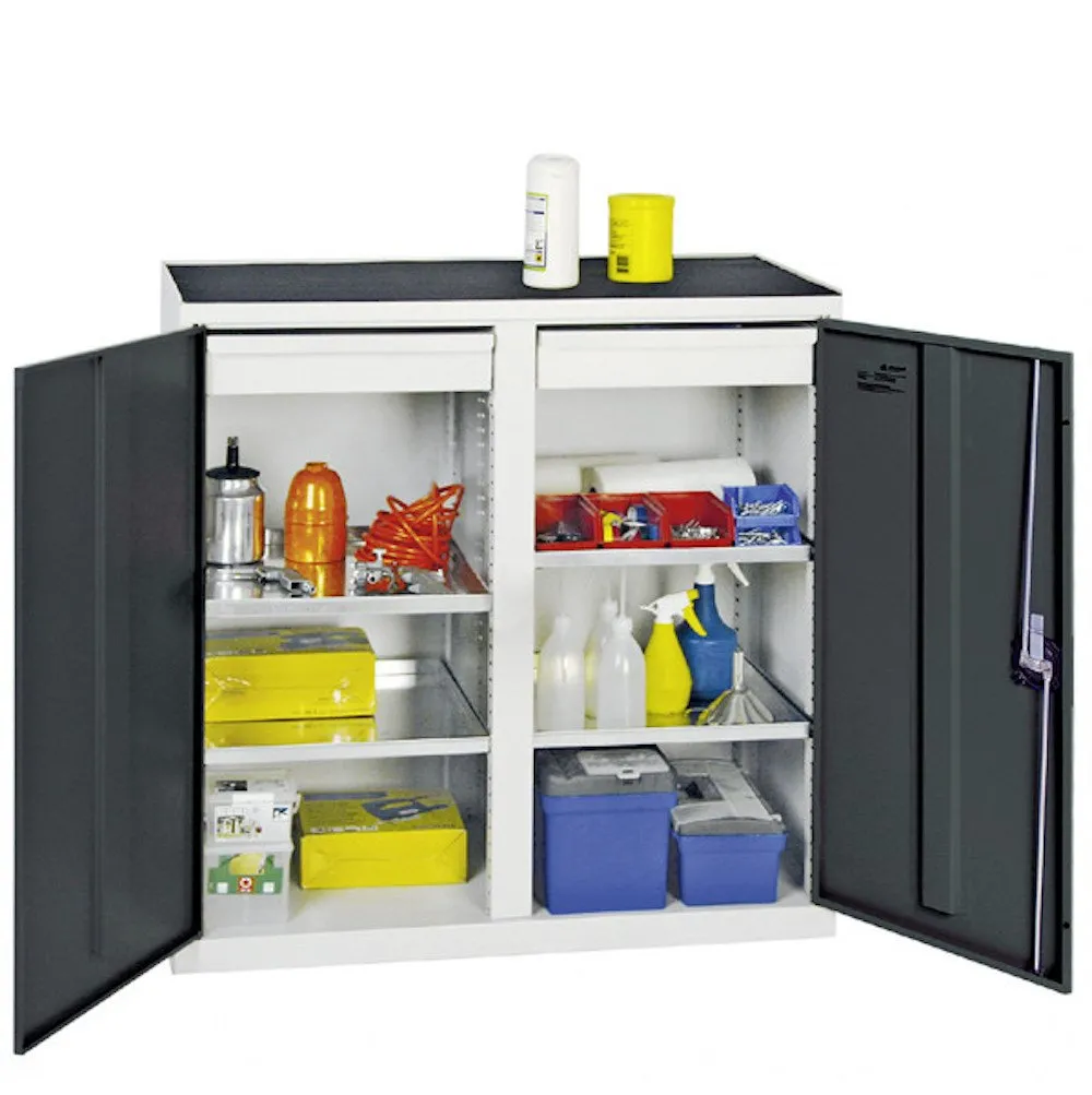 Werkzeugschrank mit 2 Türen | HxBxT 100x100x50cm | 2 Schubladen & 4 verzinkte Fachböden | Lichtgrau/Anthrazitgrau