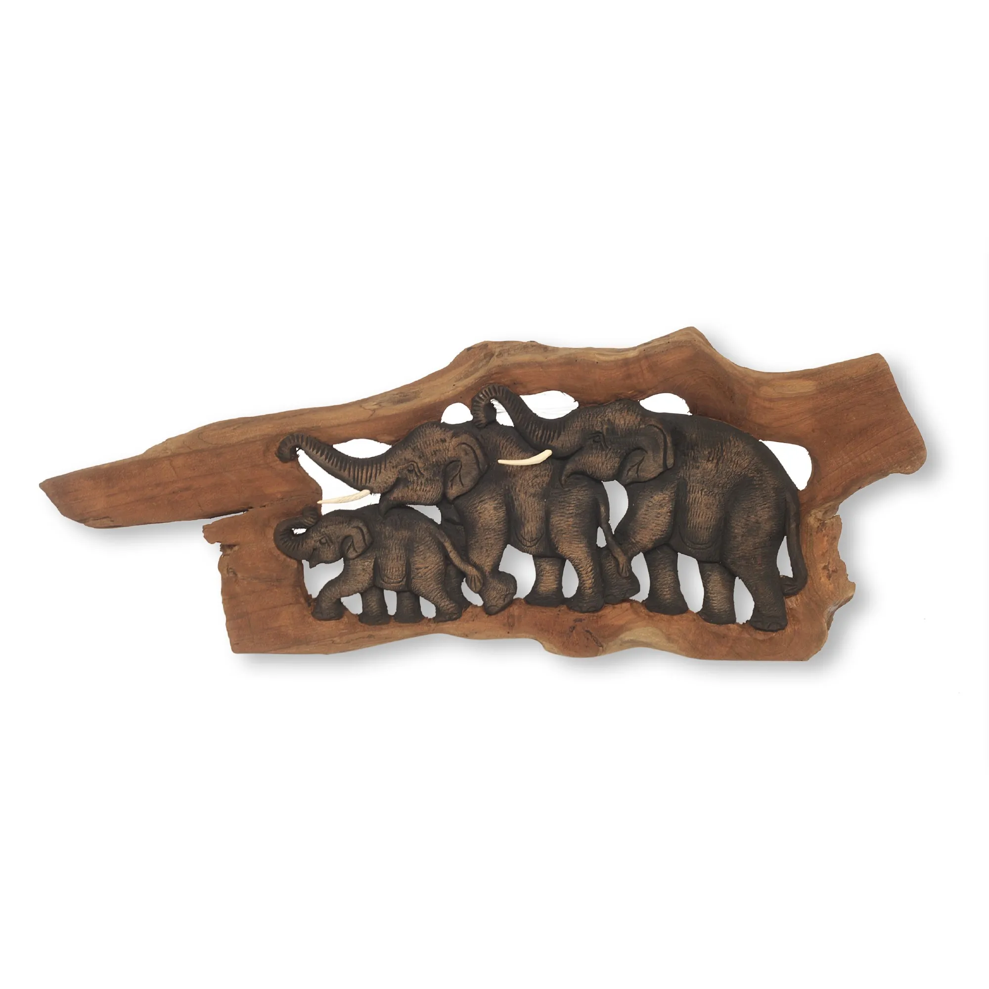 Schnitzkunst '3 Elefanten' im Teakholzstamm, B 60 - 80 cm