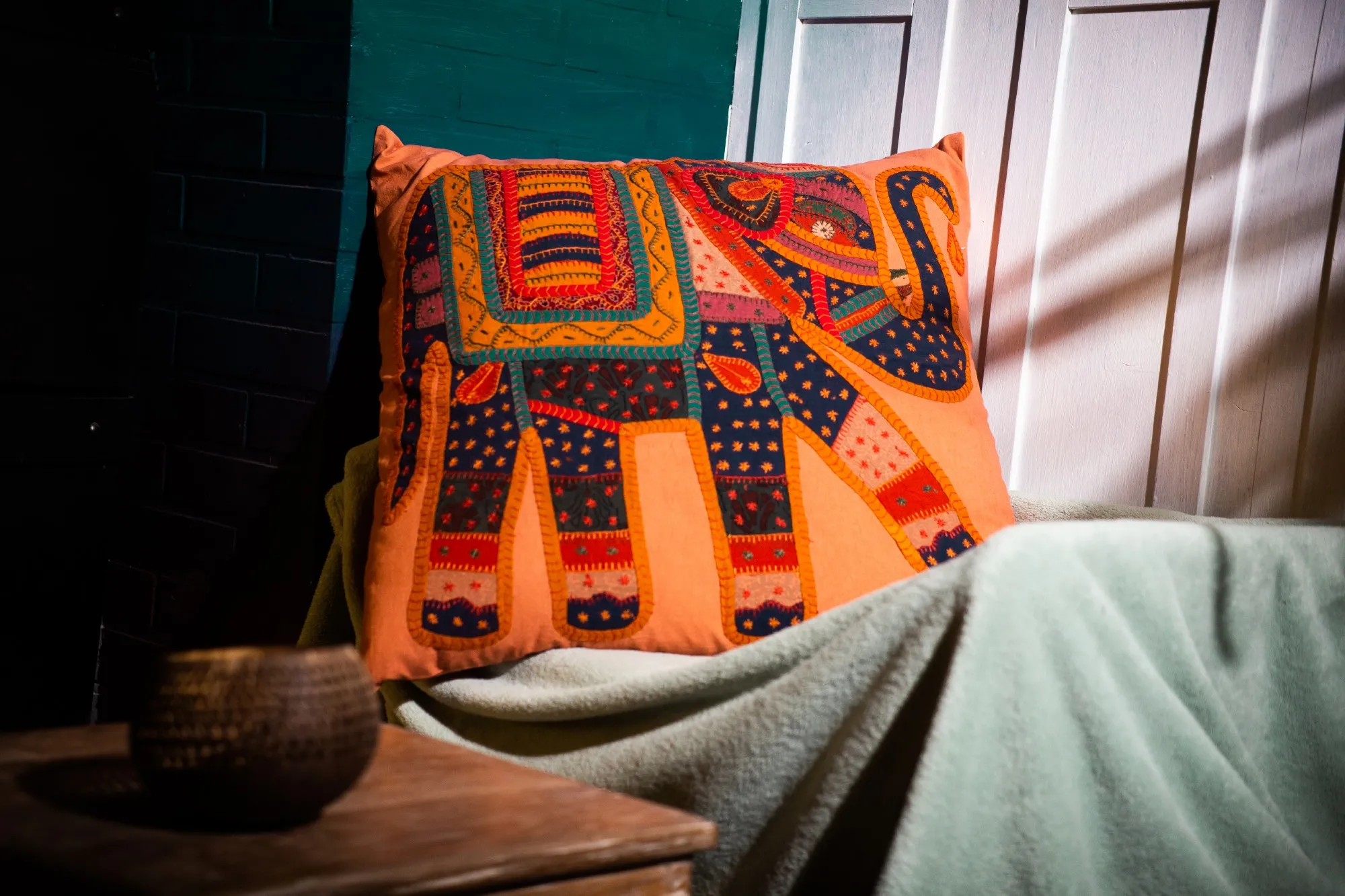 Kissenhülle 'Elefant', orange, grün, L 60 cm, B 60 cm