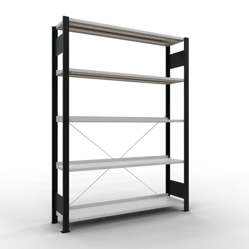 Schulte Büro-Fachbodenregal MULTIplus85 Stecksystem mit Anschlagleiste | Grundregal | Fachlast 85kg | HxBxT 180x130x30cm | 5 Ebenen | Einseitig nutzbar | Schwarz/Lichtgrau