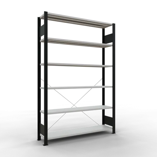 Schulte Büro-Fachbodenregal MULTIplus85 Stecksystem ohne Anschlagleiste | Grundregal | Fachlast 85kg | HxBxT 200x130x30cm | 6 Ebenen | Einseitig nutzbar | Schwarz/Lichtgrau